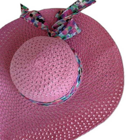 Resortwear Sun Wide Brim Straw Hat with Ribbon Bow Pink Beachwear Springtime - Picture 7 of 8